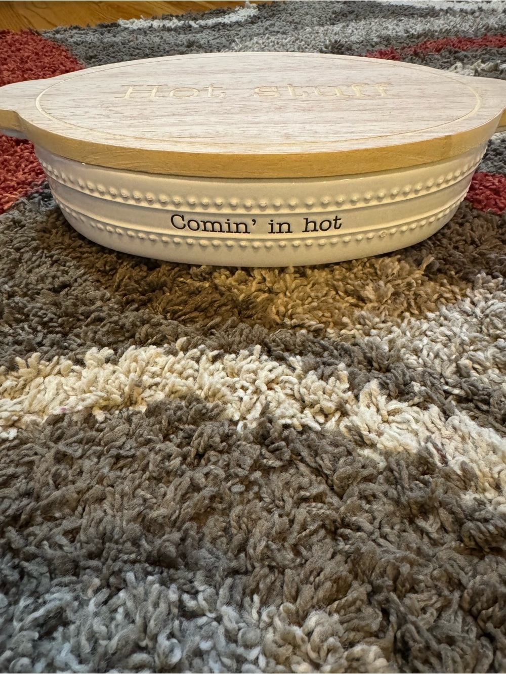 Mud Pie White Ceramic Baker with Wood Lid - 'Comin' in hot'
